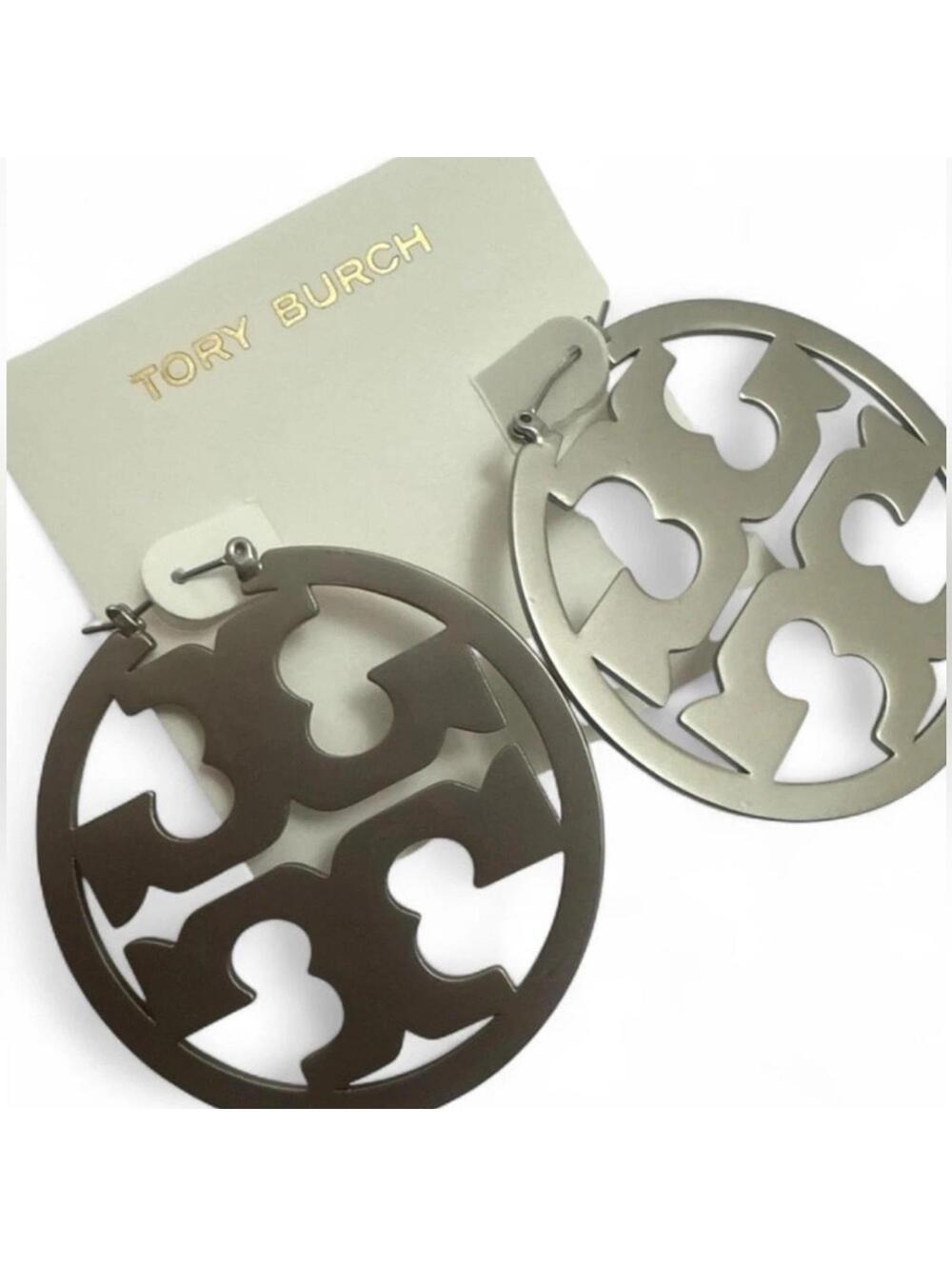 Tory Burch Large Roundness Logo Earrings  Silver